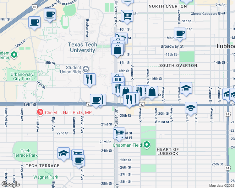 map of restaurants, bars, coffee shops, grocery stores, and more near 1619 University Avenue in Lubbock