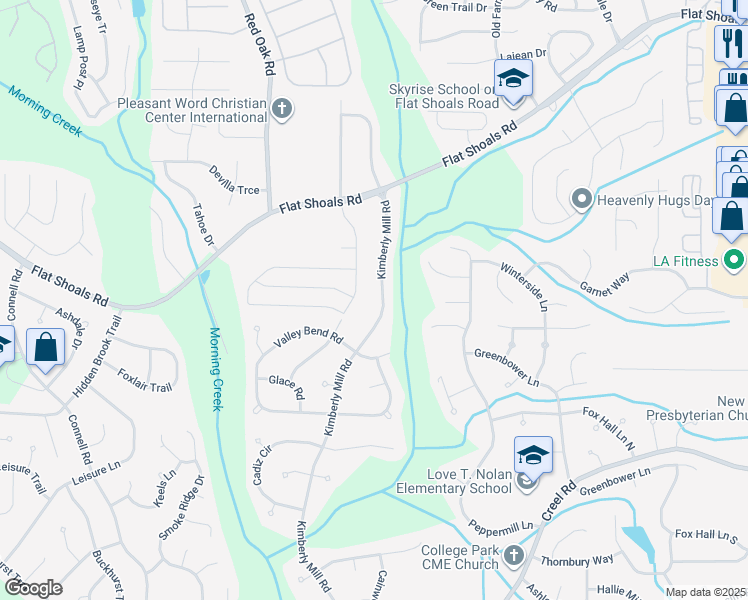 map of restaurants, bars, coffee shops, grocery stores, and more near 6465 Kimberly Mill Road in College Park