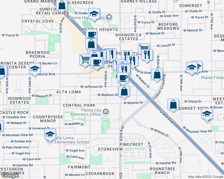 map of restaurants, bars, coffee shops, grocery stores, and more near 8335 North 83rd Drive in Peoria