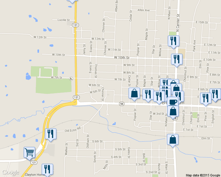 map of restaurants, bars, coffee shops, grocery stores, and more near 814 West 5th Street in Bonham
