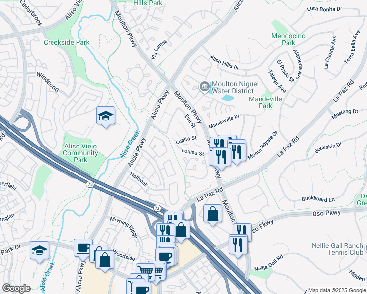 map of restaurants, bars, coffee shops, grocery stores, and more near 24316 Andrea Street in Laguna Hills