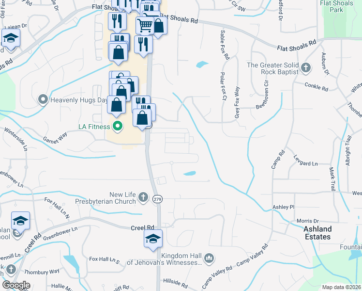 map of restaurants, bars, coffee shops, grocery stores, and more near 2162 Olmadison View in Atlanta