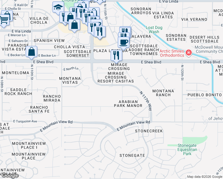 map of restaurants, bars, coffee shops, grocery stores, and more near 11571 Mirage Crossing Condominiums in Scottsdale