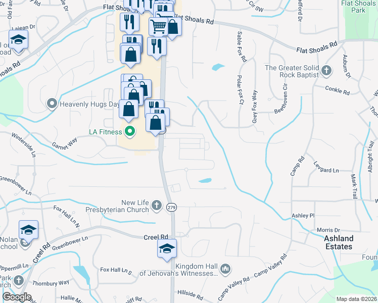 map of restaurants, bars, coffee shops, grocery stores, and more near 2162 Olmadison View in Atlanta