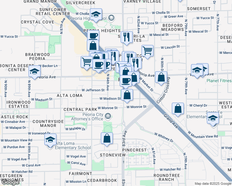 map of restaurants, bars, coffee shops, grocery stores, and more near 8335 West Jefferson Street in Peoria