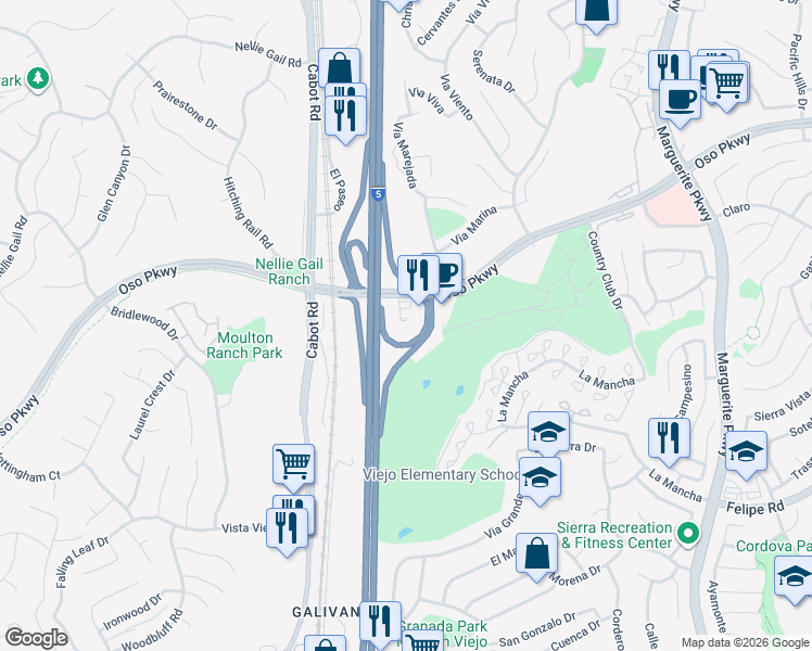 map of restaurants, bars, coffee shops, grocery stores, and more near 26328 Oso Parkway in Mission Viejo