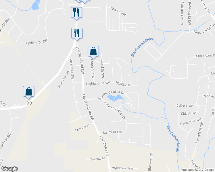 map of restaurants, bars, coffee shops, grocery stores, and more near 8191 Highland Dr SW in Covington