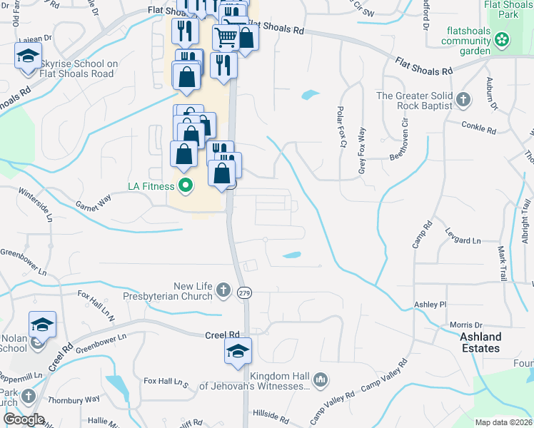 map of restaurants, bars, coffee shops, grocery stores, and more near 2162 Olmadison View in Atlanta