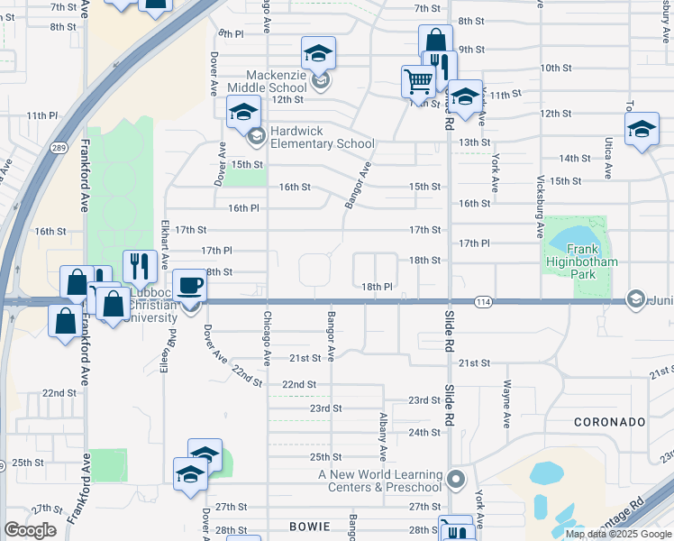 map of restaurants, bars, coffee shops, grocery stores, and more near 7 Brentwood Cir in Lubbock