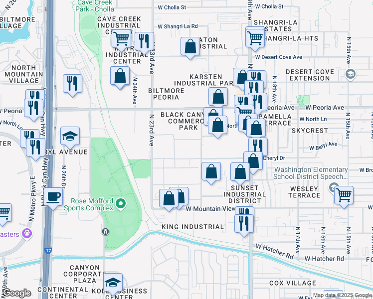 map of restaurants, bars, coffee shops, grocery stores, and more near 2122 West Cheryl Drive in Phoenix