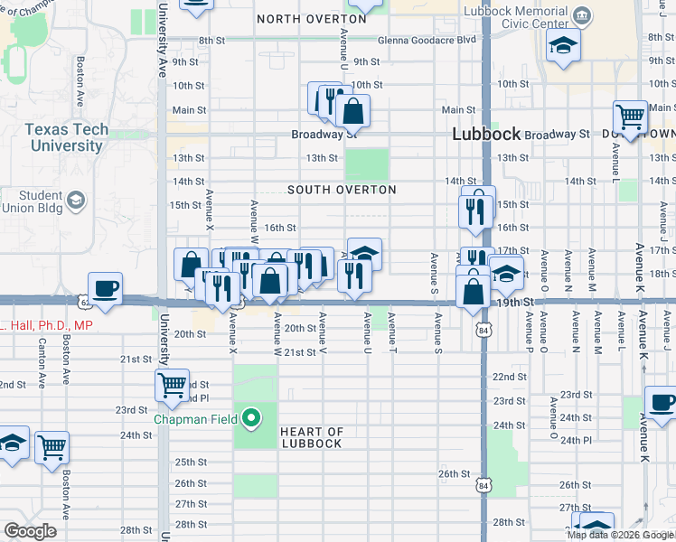 map of restaurants, bars, coffee shops, grocery stores, and more near 2104 18th Street in Lubbock