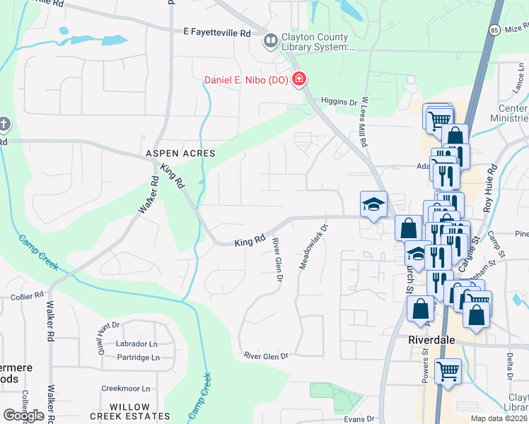 map of restaurants, bars, coffee shops, grocery stores, and more near 1024 Genny Lane in Riverdale