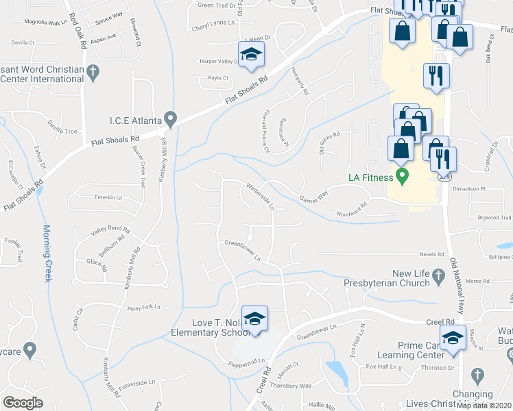 map of restaurants, bars, coffee shops, grocery stores, and more near 140 Peridot Place in College Park