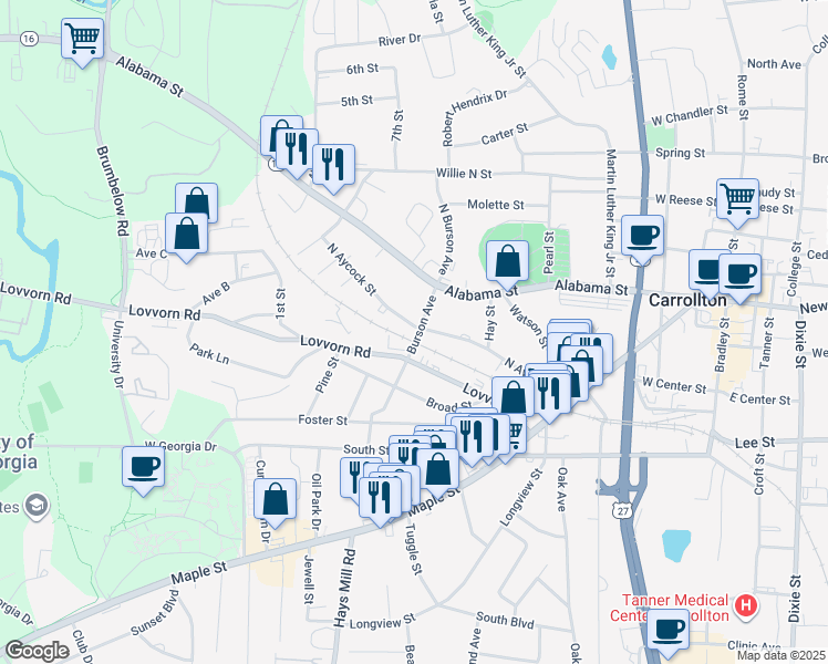 map of restaurants, bars, coffee shops, grocery stores, and more near 602 North Aycock Street in Carrollton