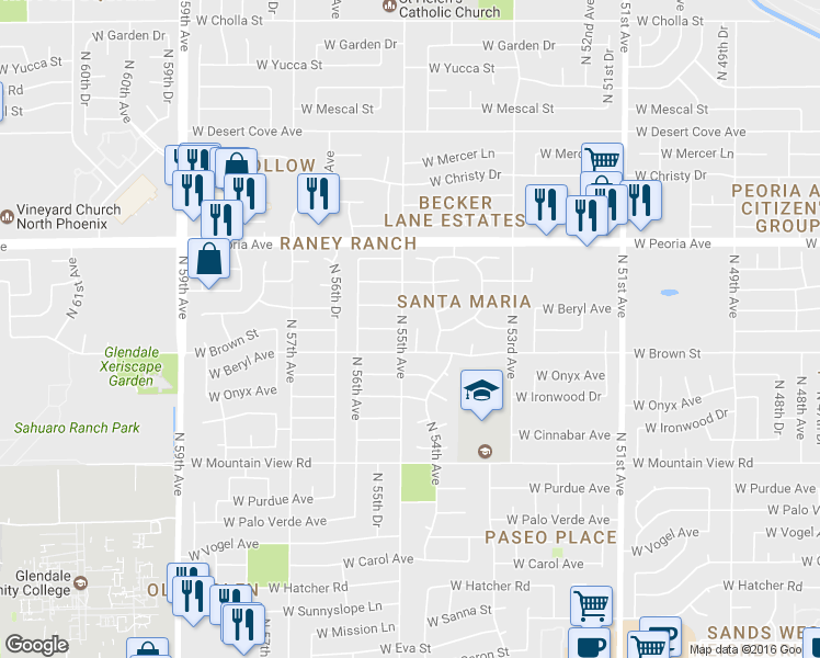 map of restaurants, bars, coffee shops, grocery stores, and more near 10220 North 54th Lane in Glendale