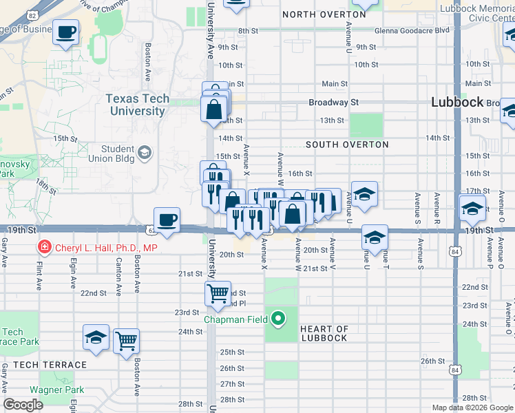 map of restaurants, bars, coffee shops, grocery stores, and more near 2322 18th Street in Lubbock