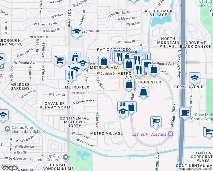 map of restaurants, bars, coffee shops, grocery stores, and more near 3119 West Cochise Drive in Phoenix