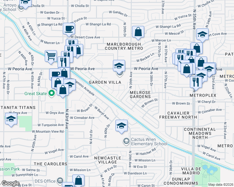map of restaurants, bars, coffee shops, grocery stores, and more near 10043 North 39th Lane in Phoenix