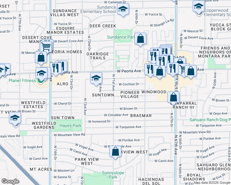 map of restaurants, bars, coffee shops, grocery stores, and more near 7111 West Comet Avenue in Peoria