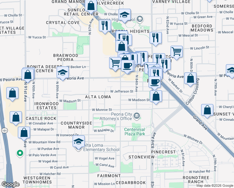 map of restaurants, bars, coffee shops, grocery stores, and more near 10361 North 85th Avenue in Peoria