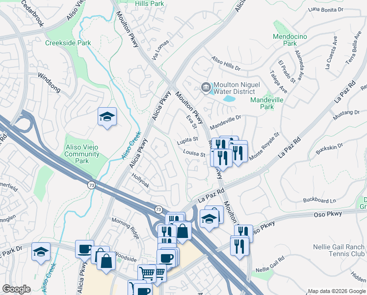 map of restaurants, bars, coffee shops, grocery stores, and more near 24342 Andrea Street in Laguna Hills