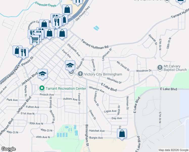 map of restaurants, bars, coffee shops, grocery stores, and more near 1608 East Lake Boulevard in Birmingham