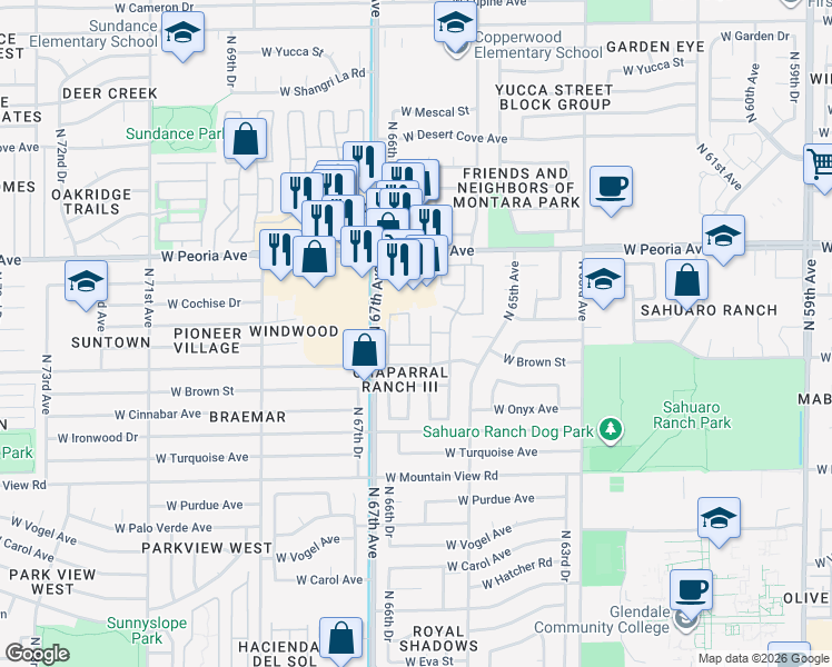 map of restaurants, bars, coffee shops, grocery stores, and more near 10223 North 66th Drive in Glendale