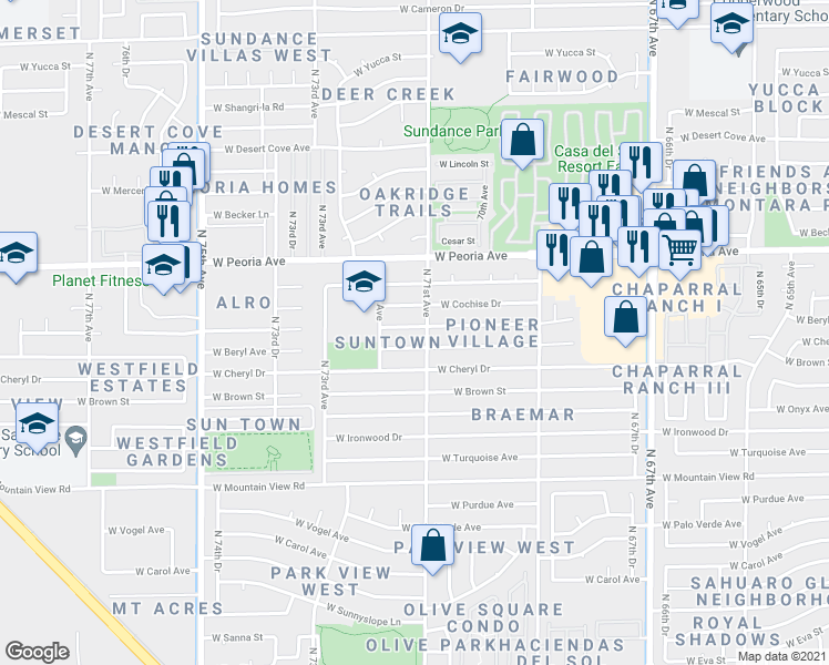 map of restaurants, bars, coffee shops, grocery stores, and more near 7111 West Comet Avenue in Peoria