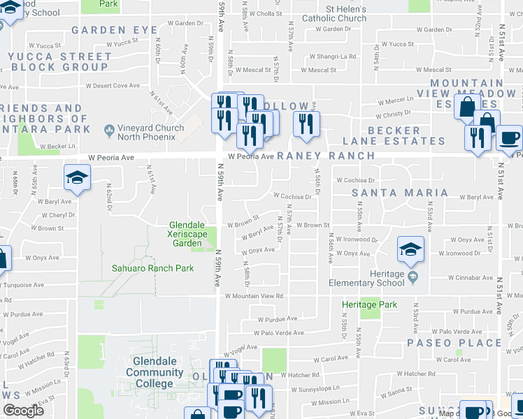 map of restaurants, bars, coffee shops, grocery stores, and more near 5750 West Brown Street in Glendale