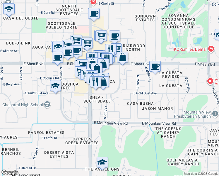 map of restaurants, bars, coffee shops, grocery stores, and more near 7350 East Gold Dust Avenue in Scottsdale
