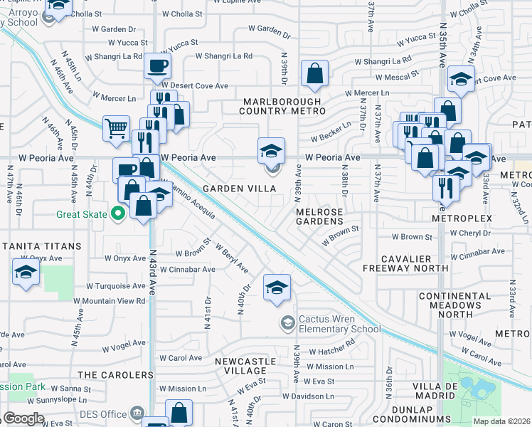 map of restaurants, bars, coffee shops, grocery stores, and more near 10043 North 39th Lane in Phoenix