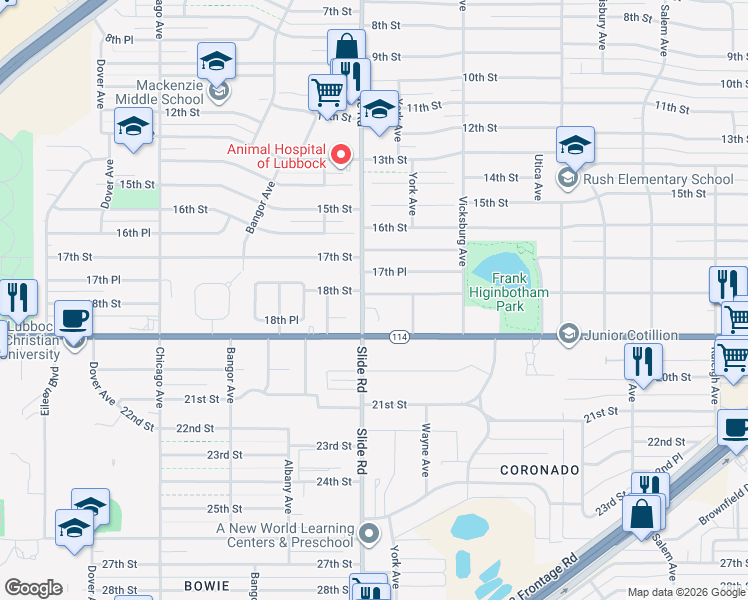 map of restaurants, bars, coffee shops, grocery stores, and more near 5013 18th Street in Lubbock
