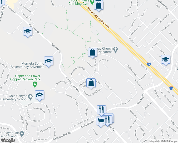 map of restaurants, bars, coffee shops, grocery stores, and more near 23444 Mountain Breeze Drive in Murrieta