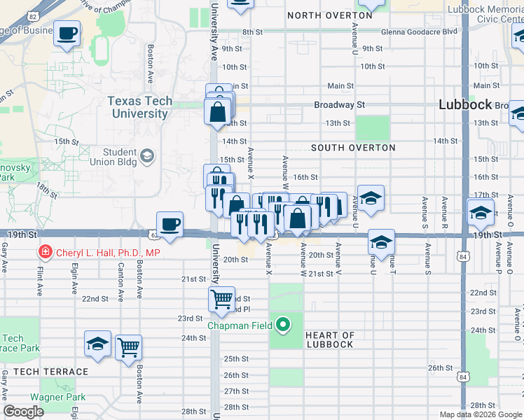 map of restaurants, bars, coffee shops, grocery stores, and more near 2322 18th Street in Lubbock