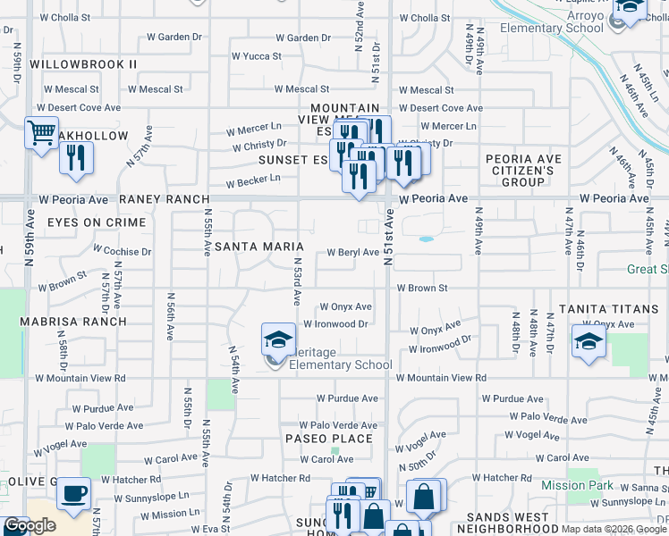 map of restaurants, bars, coffee shops, grocery stores, and more near 5221 West Cheryl Drive in Glendale