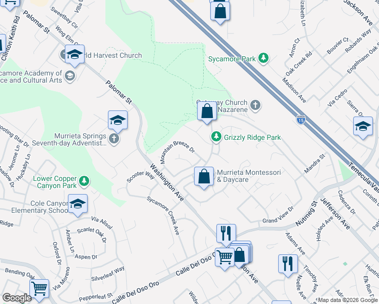 map of restaurants, bars, coffee shops, grocery stores, and more near 23457 Mountain Breeze Drive in Murrieta