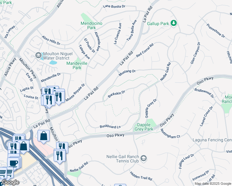 map of restaurants, bars, coffee shops, grocery stores, and more near 25057 Buckskin Drive in Laguna Hills