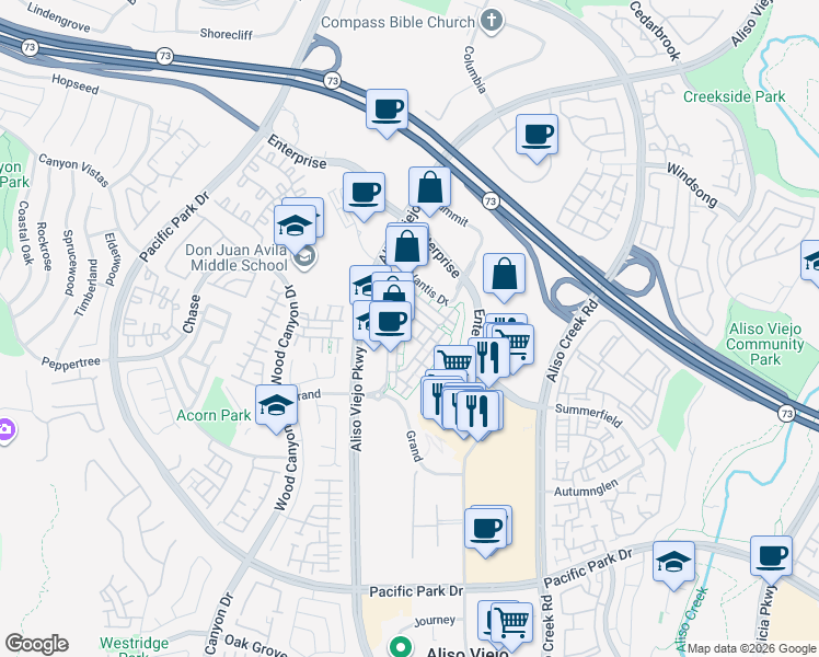 map of restaurants, bars, coffee shops, grocery stores, and more near 41 Midtown Drive in Aliso Viejo
