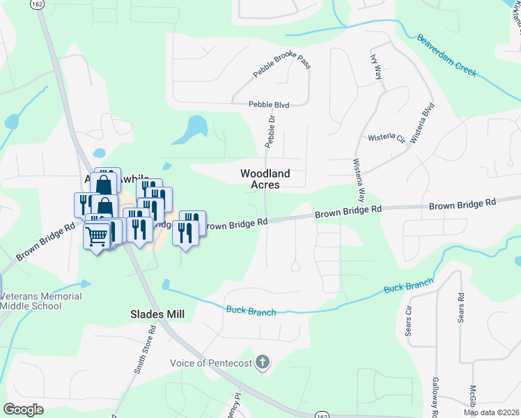 map of restaurants, bars, coffee shops, grocery stores, and more near 12720 Brown Bridge Road in Covington