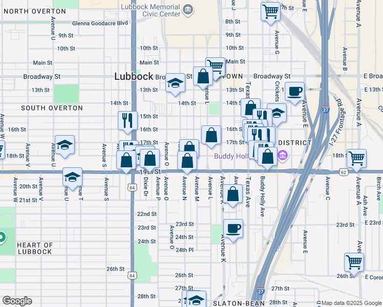 map of restaurants, bars, coffee shops, grocery stores, and more near in Lubbock