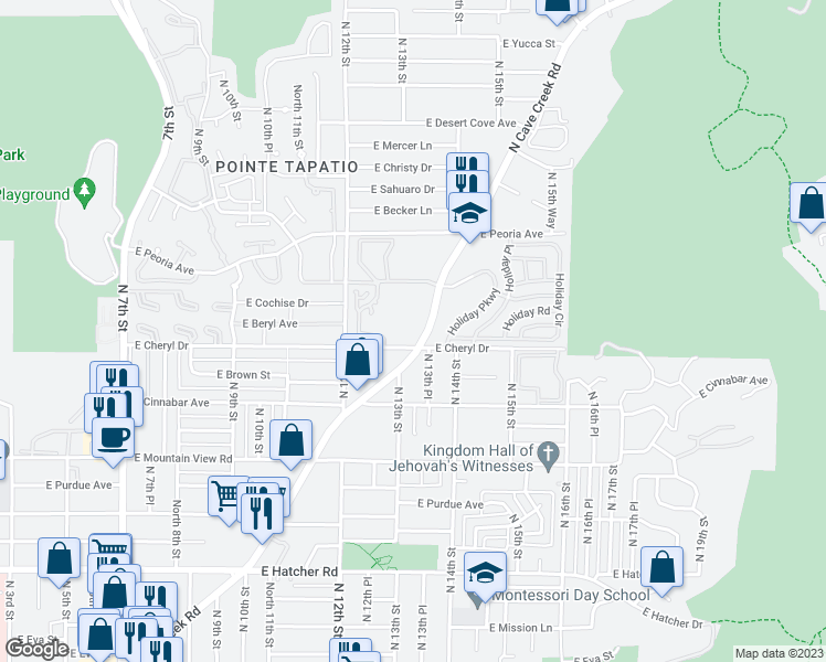 map of restaurants, bars, coffee shops, grocery stores, and more near 10202 North Cave Creek Road in Phoenix