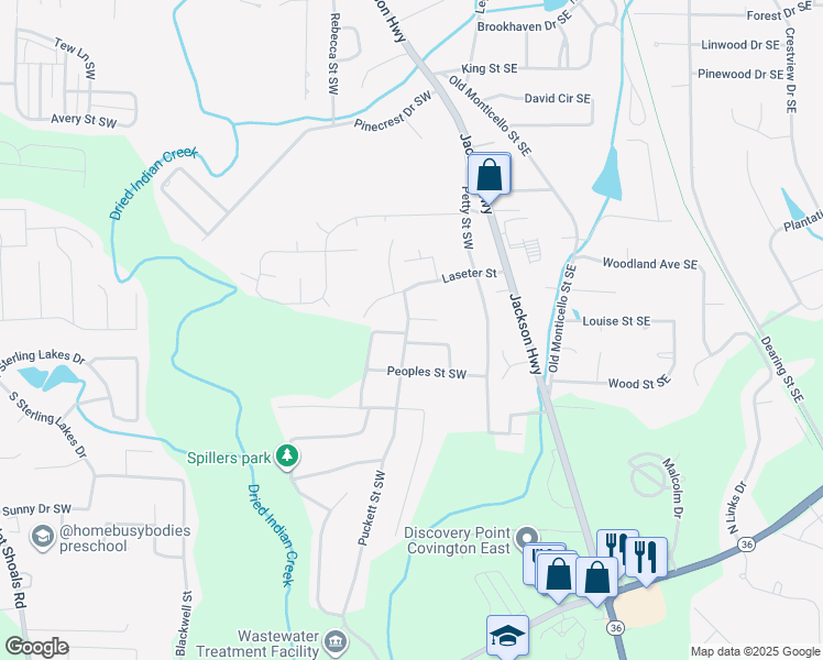 map of restaurants, bars, coffee shops, grocery stores, and more near 7143 Puckett Street Southwest in Covington