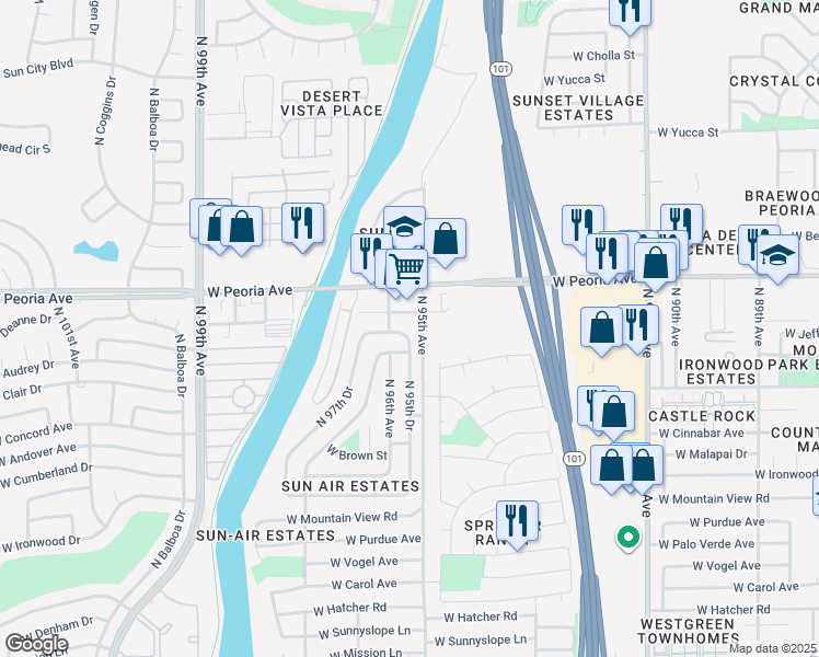 map of restaurants, bars, coffee shops, grocery stores, and more near 10409 North 95th Drive in Peoria