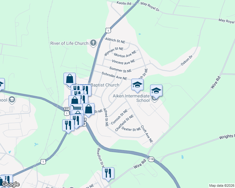 map of restaurants, bars, coffee shops, grocery stores, and more near 1176 Aldrich Street Northeast in Aiken