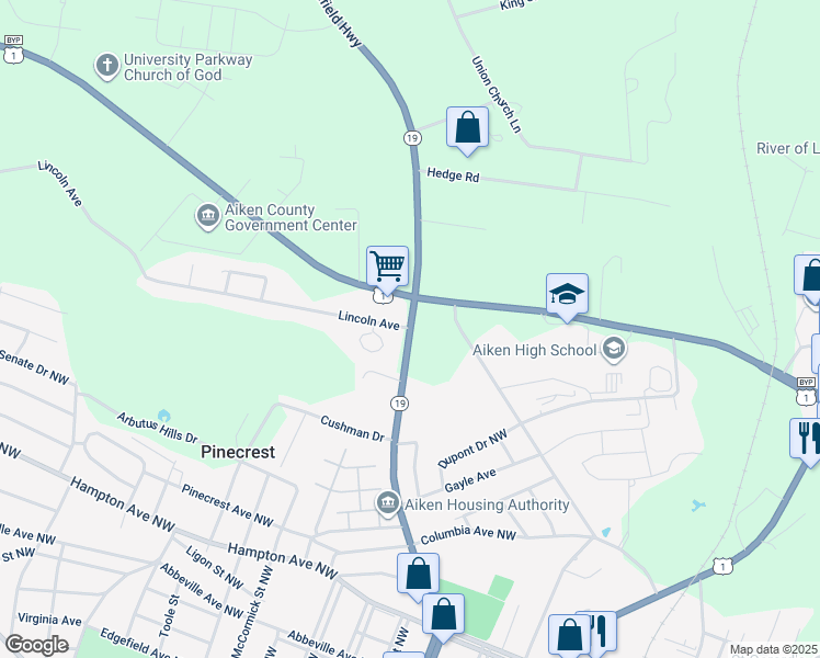 map of restaurants, bars, coffee shops, grocery stores, and more near 974 Laurens St NW in Aiken