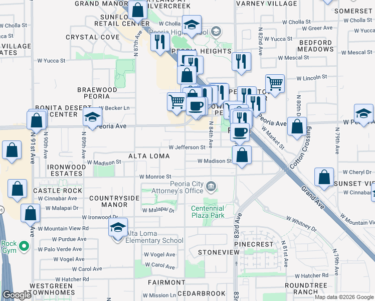 map of restaurants, bars, coffee shops, grocery stores, and more near 10361 North 85th Avenue in Peoria