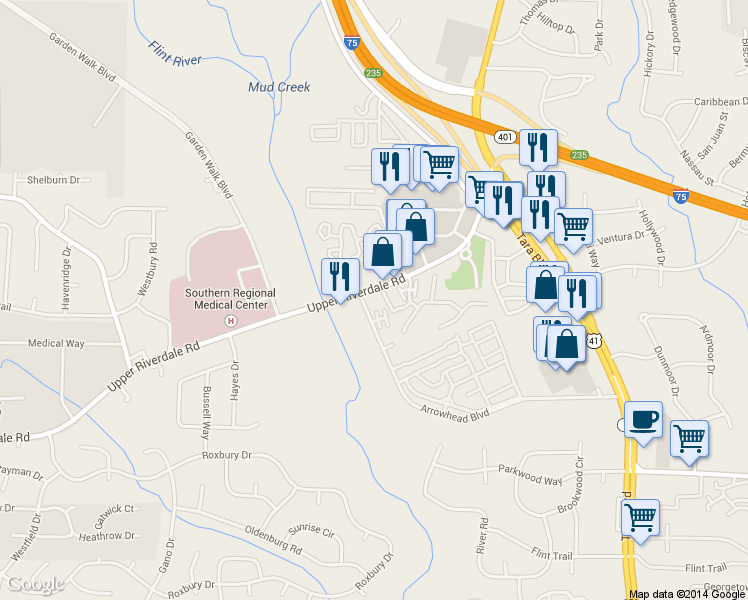 map of restaurants, bars, coffee shops, grocery stores, and more near 222 Upper Riverdale Road in Jonesboro