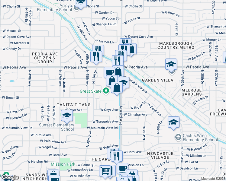 map of restaurants, bars, coffee shops, grocery stores, and more near 10220 North 43rd Avenue in Glendale