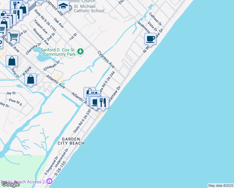 map of restaurants, bars, coffee shops, grocery stores, and more near 340 North Waccamaw Drive in Murrells Inlet