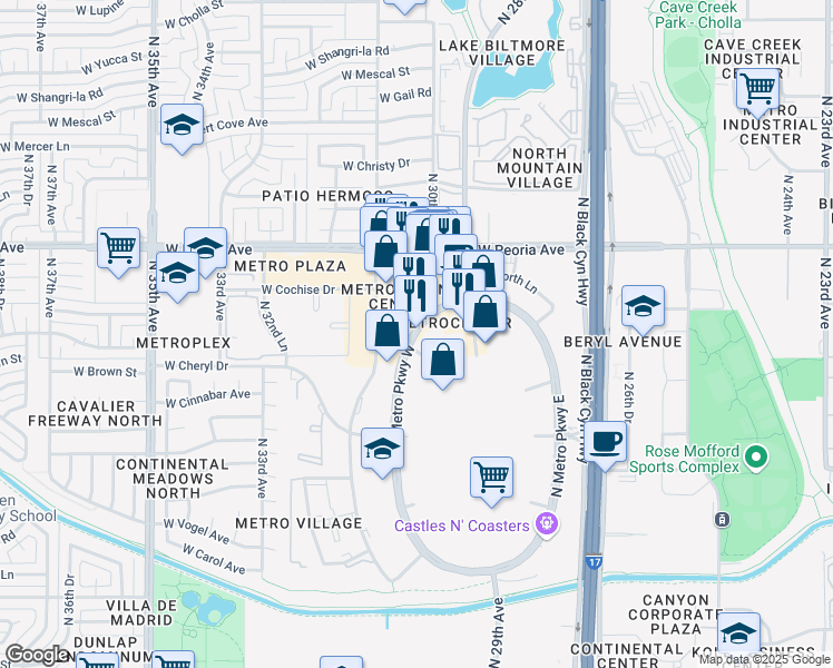 map of restaurants, bars, coffee shops, grocery stores, and more near 10217 North Metro Parkway West in Phoenix